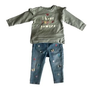 H&M Bundle: Shirt 2T & Embroidered Jeans 9M-12M